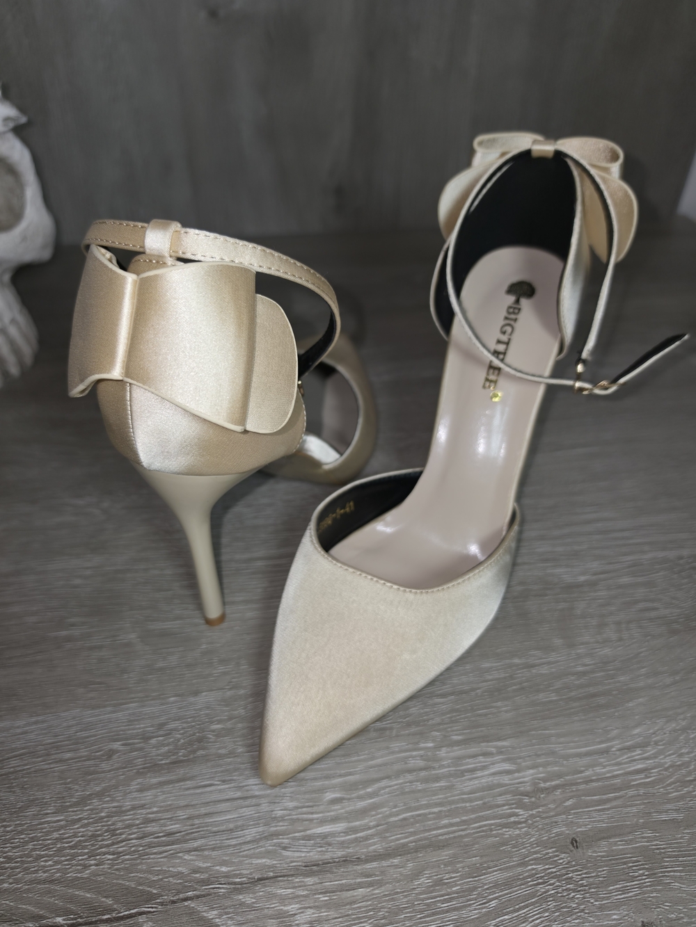 Bigtree Champagne Satin Pointed-Toe Ankle Strap Stiletto Pump Rear Bow Women 41
